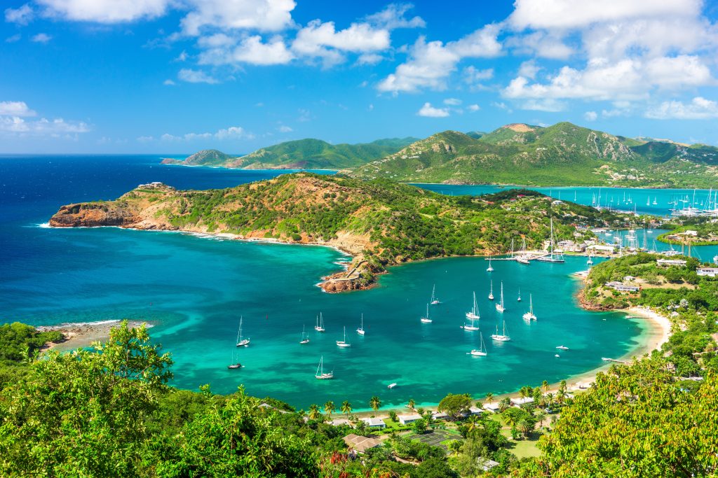 English Harbour from Shirley Heights Shirley Heights, Antigua overlooking English Harbour witha. harbour full of boats.