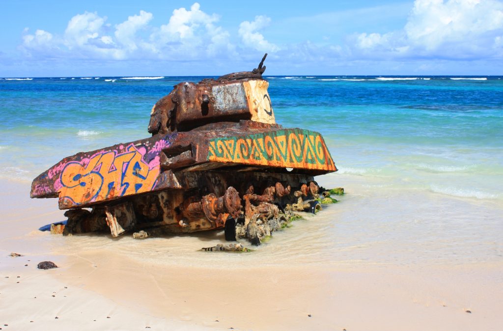 Tank on Flamenco Beach Tank on the beach overlooking the water at Flamenco Beach